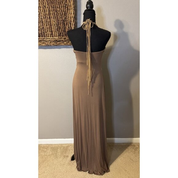 SKY Brand Maxi Dress M Soft Brown Suede Braid Trim Stretch Long NEW - Picture 5 of 12